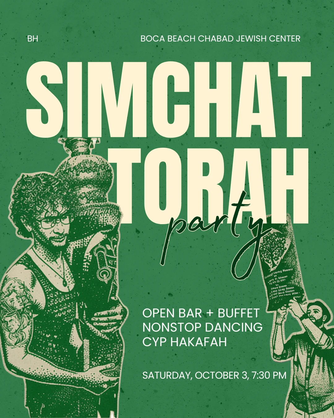 Simchat Torah Party flyer: Boca Beach Chabad Jewish Center, open bar and buffet, nonstop dancing, CYP hakafah, Saturday October 3 at 7:30 PM